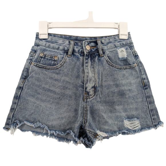 Shein Distressed Jean Shorts XS Women Light‎ Wash Raw Hem High Rise Ripped Denim - Picture 1 of 9